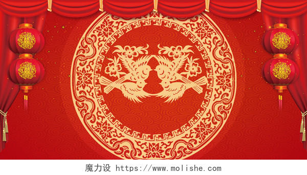 红色喜庆中式婚礼展板背景